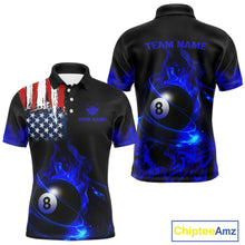 Load image into Gallery viewer, Blue Flaming American Flag 8 Ball Billiard Shirt For Men Custom Patriotic Pool Team Jersey TDM4842