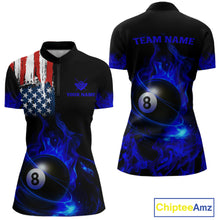Load image into Gallery viewer, Blue Flaming American Flag 8 Ball Billiard Shirt For Women Custom Patriotic Pool Team Jersey TDM4842