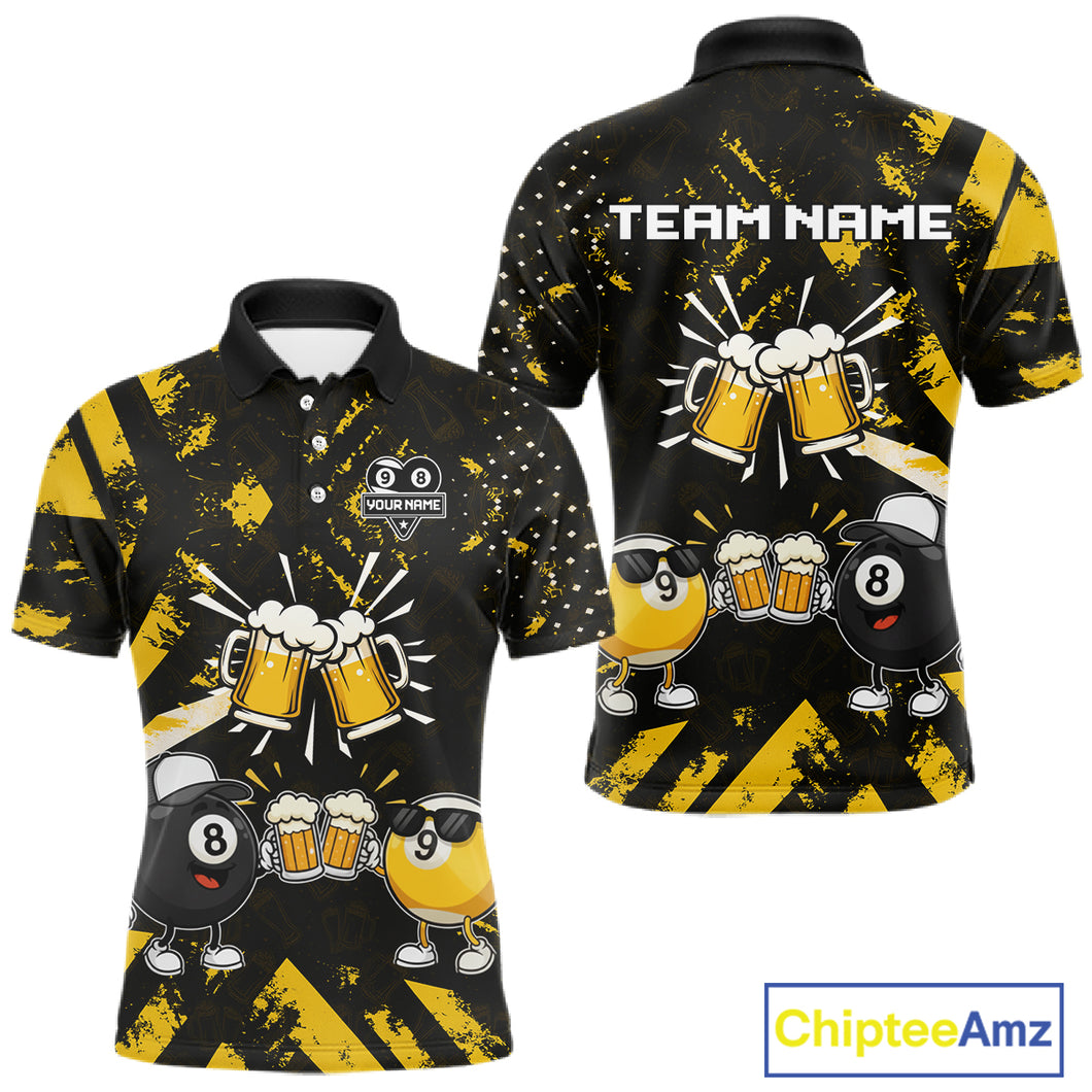 Yellow Black Funny Beer Billiard Shirt For Men Custom 8 Ball & 9 Ball Pool Jersey Polo & 1/4 Zip TDM5288