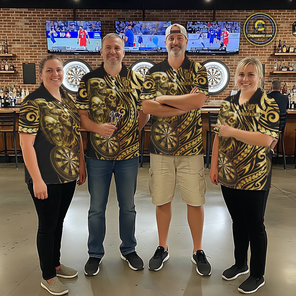 Black And Gold Custom Skull Darts Shirt For Men, Tribal Darts Team Jersey Polo & Quarter Zip TDM5805