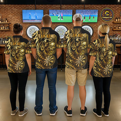 Black And Gold Custom Skull Darts Shirt For Men, Tribal Darts Team Jersey Polo & Quarter Zip TDM5805