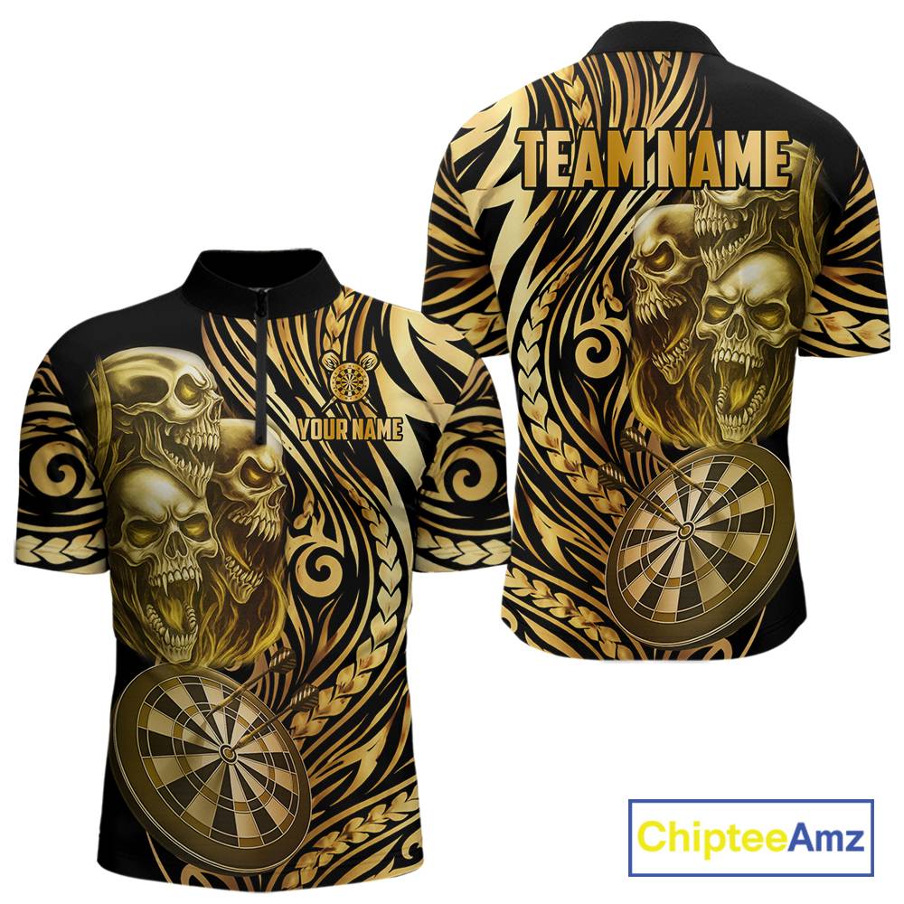 Black And Gold Custom Skull Darts Shirt For Men, Tribal Darts Team Jersey Polo & Quarter Zip TDM5805