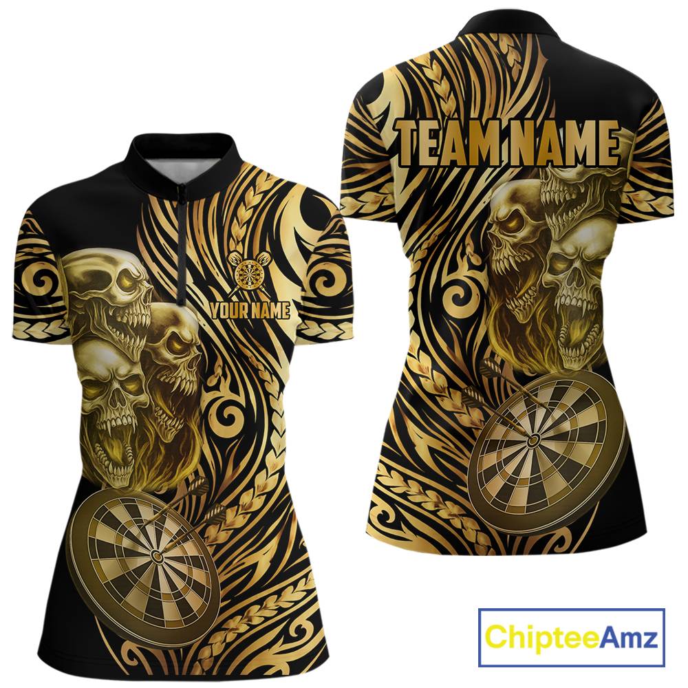 Black And Gold Custom Skull Darts Shirt For Women, Tribal Darts Team Jersey Polo & Quarter Zip TDM5805