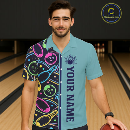 Personalized Funny Neon Bowling Hawaiian Shirt For Women Custom Retro Bowling Team Jersey |Teal TDM6187