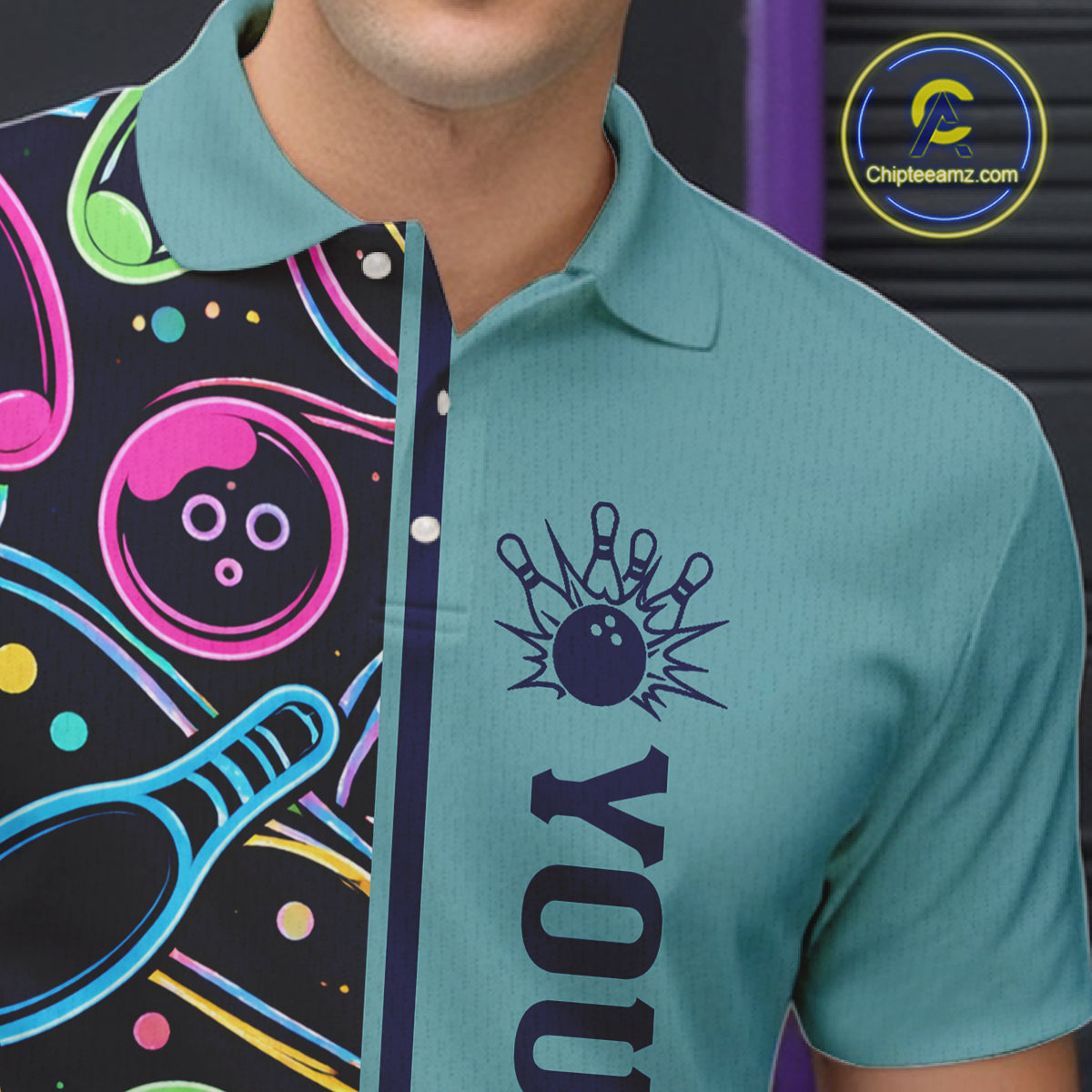 Personalized Funny Neon Bowing Shirt For Men, Retro Bowling Team Jersey Polo & 1/4 Zip | Teal TDM6187