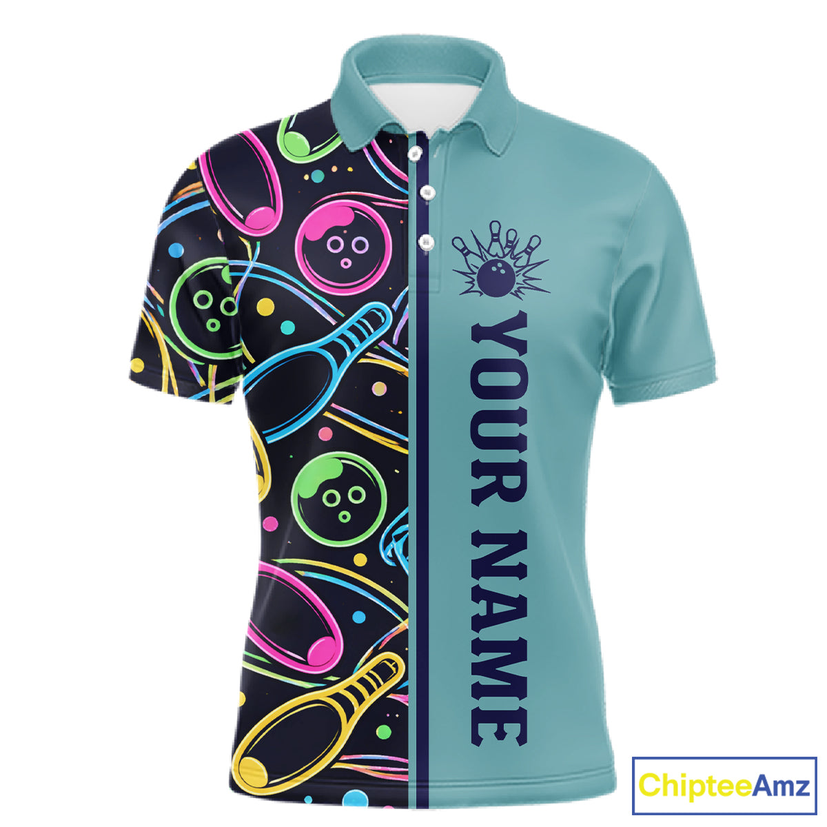 Personalized Funny Neon Bowing Shirt For Men, Retro Bowling Team Jersey Polo & 1/4 Zip | Teal TDM6187