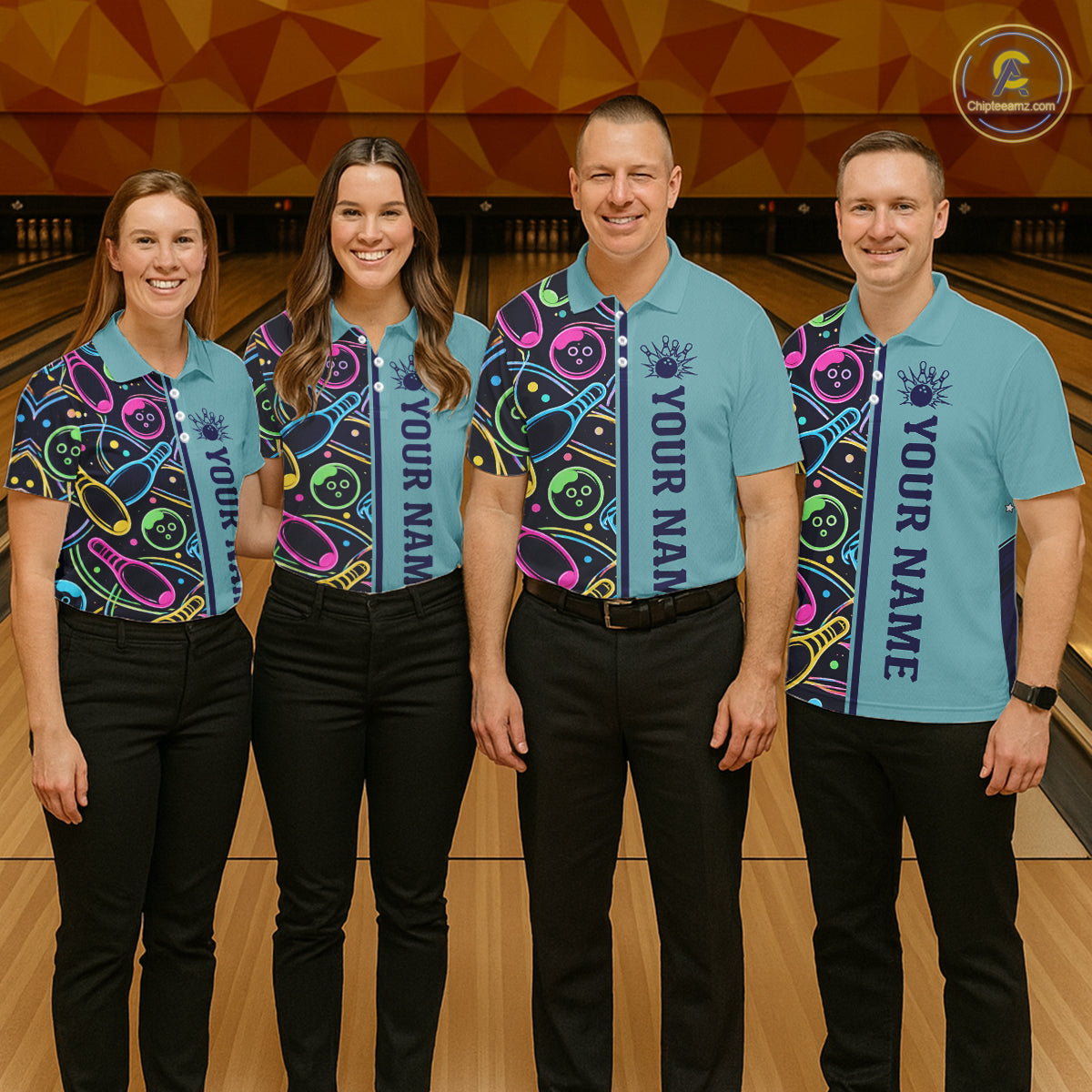 Personalized Funny Neon Bowing Shirt For Men, Retro Bowling Team Jersey Polo & 1/4 Zip | Teal TDM6187