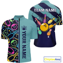 Load image into Gallery viewer, Personalized Funny Neon Bowing Shirt For Men, Retro Bowling Team Jersey Polo &amp; 1/4 Zip | Teal TDM6187