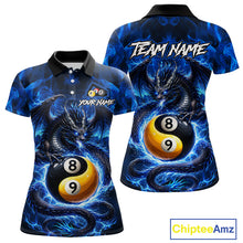 Load image into Gallery viewer, Blue 8 Ball &amp; 9 Ball Fire Yin And Yang Dragon Billiard Shirt For Women Custom Pool Team Jersey TDM5841