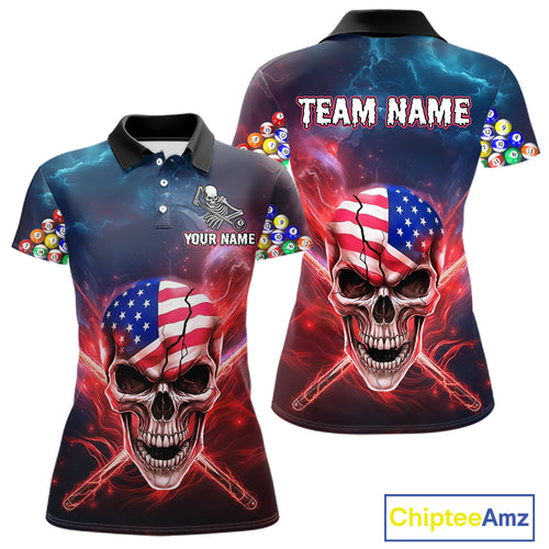 US Flag Patriotic Skull Women's Billiard Shirt Custom Pool Team Shirt Billiard Jersey Polo & 1/4 Zip TDM5140