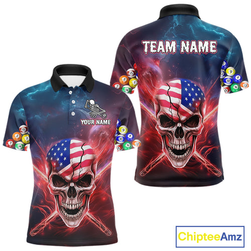US Flag Patriotic Skull Men's Billiard Shirt Custom Pool Team Shirt Billiard Jersey Polo & 1/4 Zip TDM5140