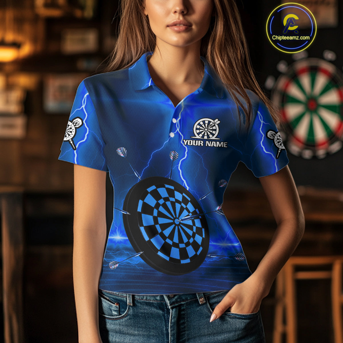 Personalized Dartboard Thunder Lightning Blue Darts Shirt For Women Custom Glowing Darts Team Jersey TDM4920
