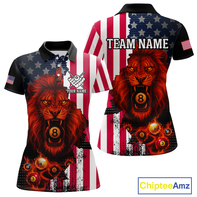 American Flag Lion 8 Ball Billiard Shirt For Women Custom Patriotic Pool Team Shirt Polo & 1/4 Zip TDM5341