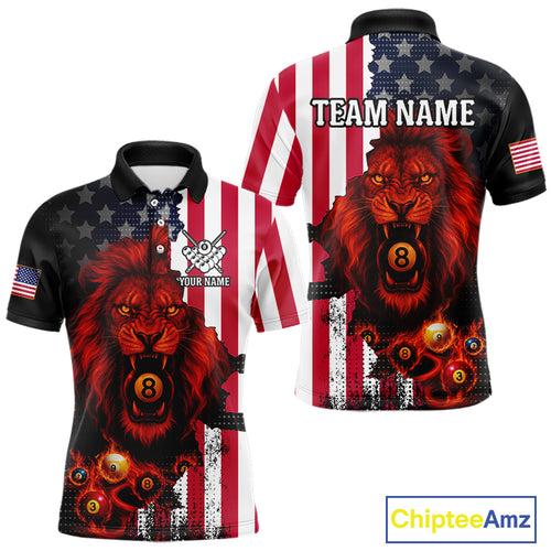 American Flag Lion 8 Ball Billiard Shirt For Men Custom Patriotic Pool Team Shirt Polo & 1/4 Zip TDM5341