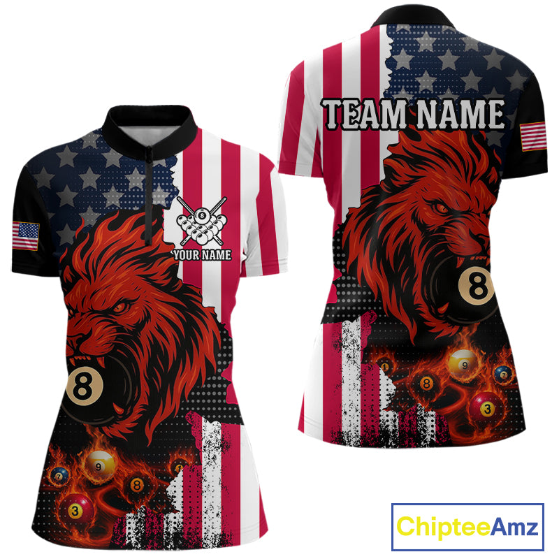 Personalized Lion American Flag Billiard Shirt For Women, 8 Ball Pool Team Jersey Polo & 1/4 Zip TDM5342