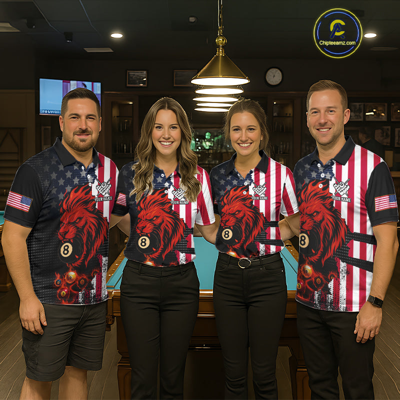 Personalized Lion American Flag Billiard Shirt For Men, 8 Ball Pool Team Jersey Polo & 1/4 Zip TDM5342