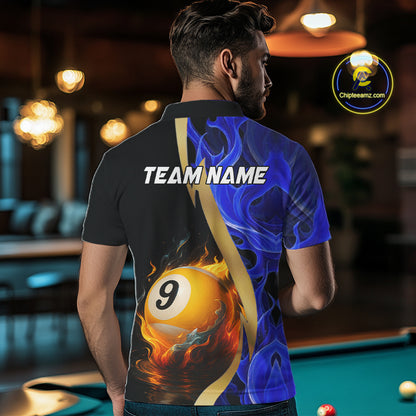 Blue 8 Ball & 9 Ball Fire Flame Billiard Shirt For Men Custom Pool Team Shirts, Billiard Jersey TDM5350