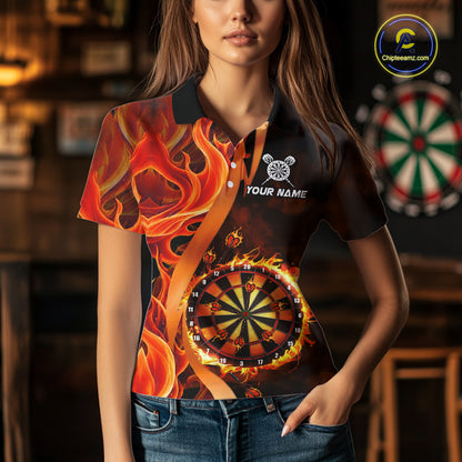 Orange Flaming Dartboard Golden Darts Shirt For Women Custom Darts Jersey Team Polo & 1/4 Zip TDM5351