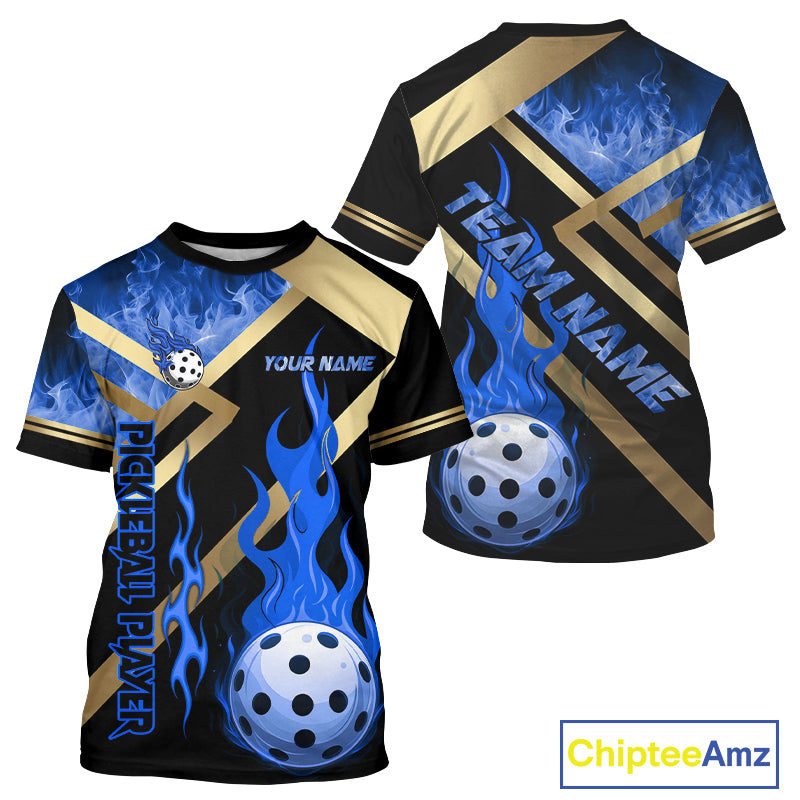 Blue Flames Pickleball Ball T-Shirt For Men Custom Pickleball Jersey Personalized Team Apparel