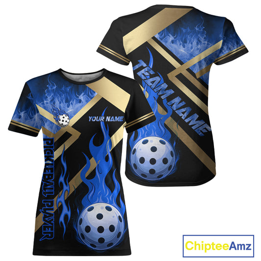 Blue Flames Pickleball Ball T-Shirt For Women Custom Pickleball Jersey Personalized Team Apparel