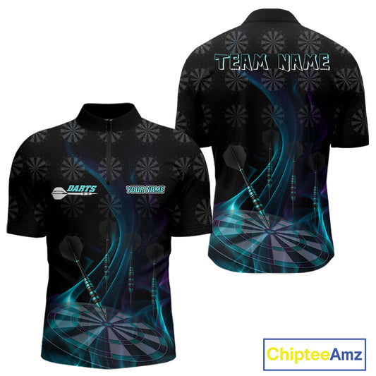 Flaming Dartboard 3D & Dart Arrow Turquoise Men's Darts Shirt Custom Name For Players NYN0692