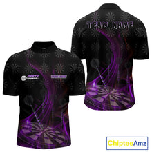 Load image into Gallery viewer, Flaming Dartboard 3D &amp; Dart Arrow Purple Men's Darts Shirt Custom Name For Players NYN0693