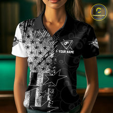 Load image into Gallery viewer, Female billiard player wearing American flag grunge billiard jersey during league championship, premium patriotic sportswear for competitive athletes, veterans and national pride enthusiasts, symbolizing confidence, strength and leadership.