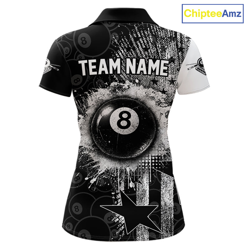 Women's patriotic billiard polo featuring distressed American flag and glowing 8 ball graphics, personalized performance apparel for veterans, military families, APA leagues and patriotic pool players, symbolizing freedom, honor and leadership.