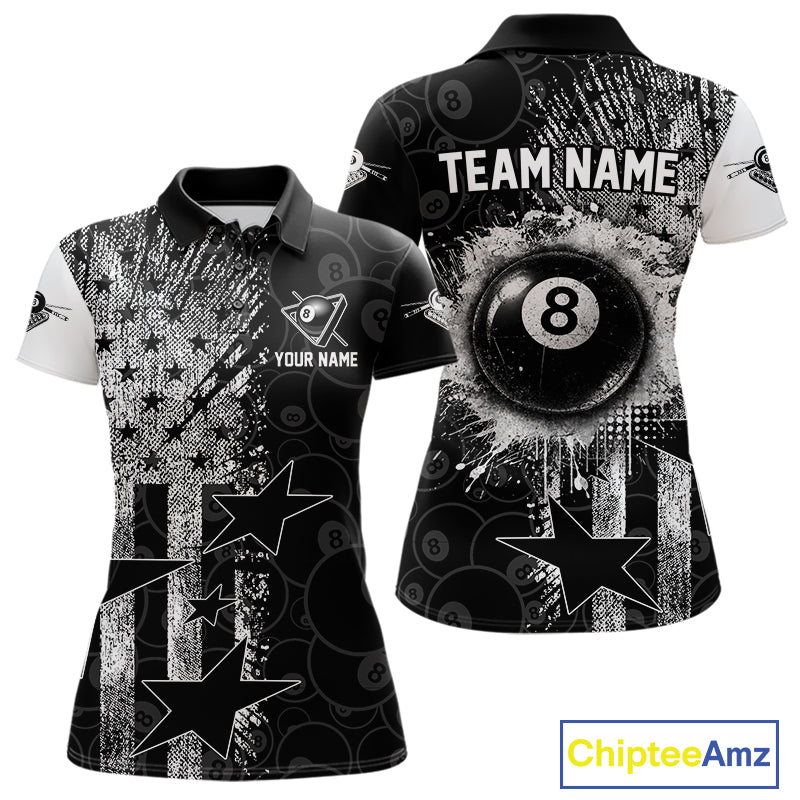 Women's patriotic billiard polo featuring distressed American flag and glowing 8 ball graphics, personalized performance apparel for veterans, military families, APA leagues and patriotic pool players, symbolizing freedom, honor and leadership.