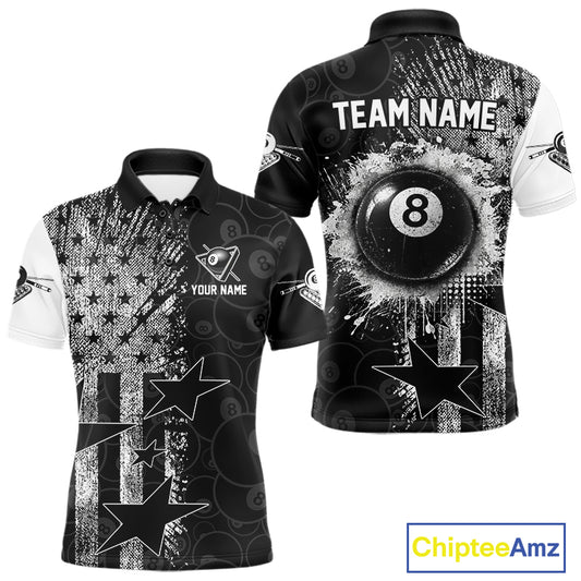 Men's patriotic billiard polo featuring distressed American flag and glowing 8 ball graphics, personalized performance apparel for veterans, military supporters, APA leagues and patriotic pool players, symbolizing freedom, honor and strength.