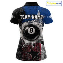 Load image into Gallery viewer, Women's billiard polo featuring distressed Texas flag and realistic 8 ball graphics, personalized performance pool apparel for Texas billiard teams, rodeo lifestyle, outdoor enthusiasts and APA leagues, symbolizing independence, courage and heritage.