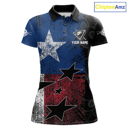 Women's billiard polo featuring distressed Texas flag and realistic 8 ball graphics, personalized performance pool apparel for Texas billiard teams, rodeo lifestyle, outdoor enthusiasts and APA leagues, symbolizing independence, courage and heritage.