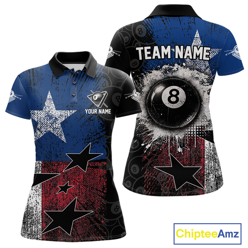 Women's billiard polo featuring distressed Texas flag and realistic 8 ball graphics, personalized performance pool apparel for Texas billiard teams, rodeo lifestyle, outdoor enthusiasts and APA leagues, symbolizing independence, courage and heritage.