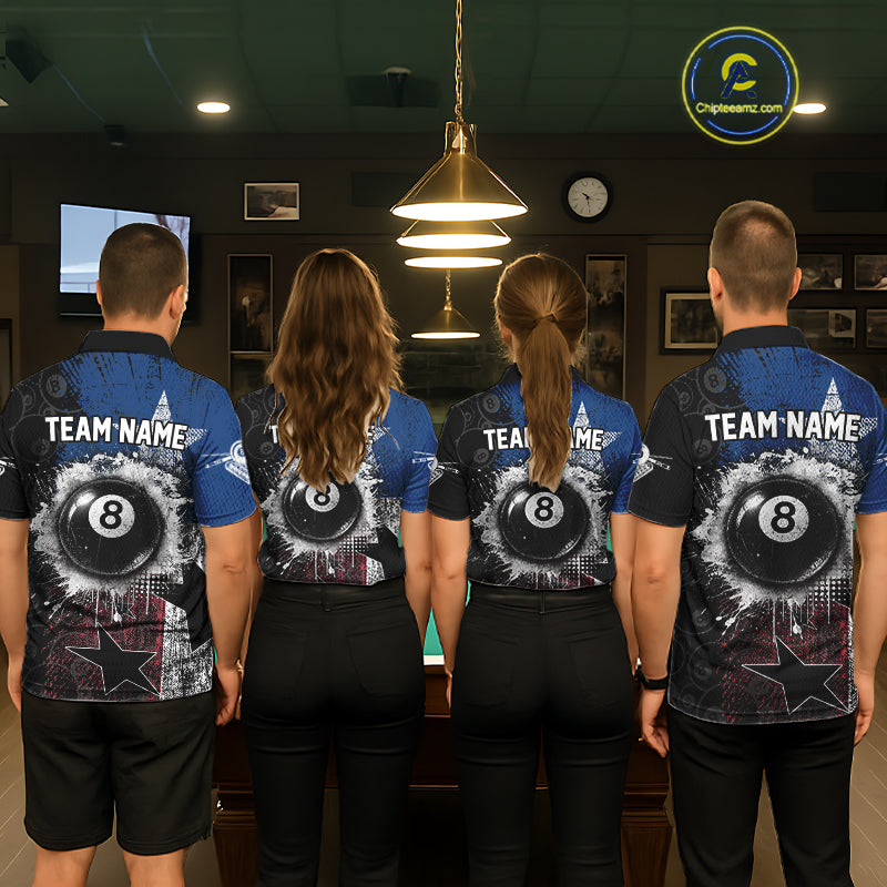 Men women billiard team wearing matching Texas grunge jerseys during APA league championships, custom uniforms representing Texas pride, teamwork, resilience, competitive excellence and championship spirit.
