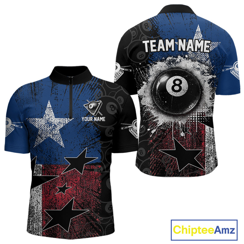 Men's quarter-zip billiard jersey featuring Texas flag grunge artwork with glowing 8 ball graphics, premium tournament apparel for Texas championships, billiard clubs and league teams, representing heritage, courage and competitive excellence.