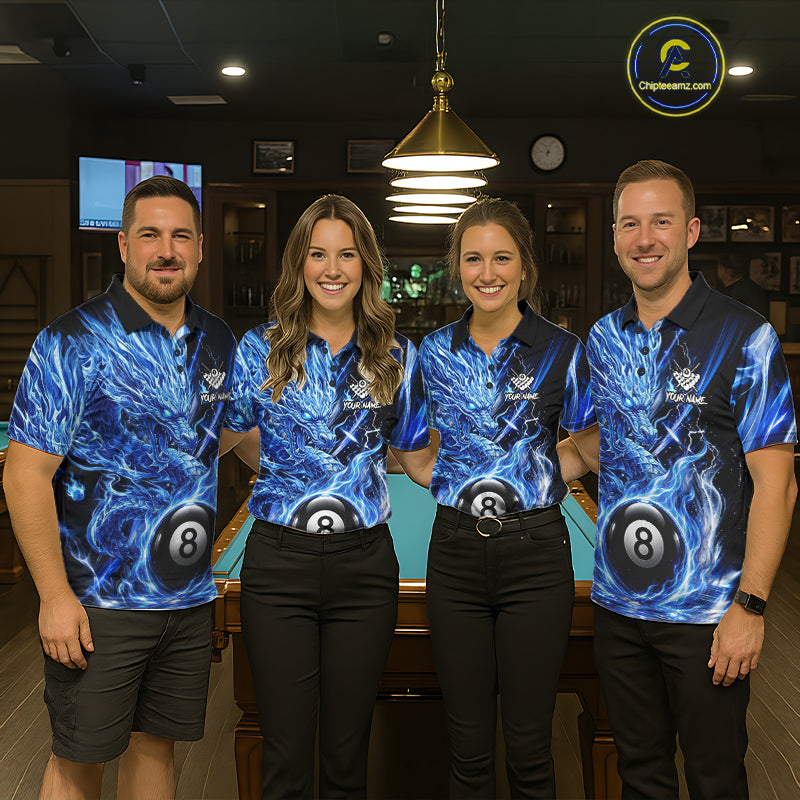Fire Flame Blue 8 Ball Billiard Dragon Shirts For Men Custom Dragon Team Billiard Jerseys NYN3950