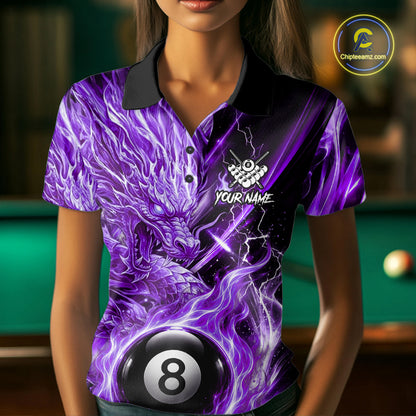 Fire Flame Purple 8 Ball Billiard Dragon Shirts For Women Custom Dragon Team Billiard Jerseys NYN3951
