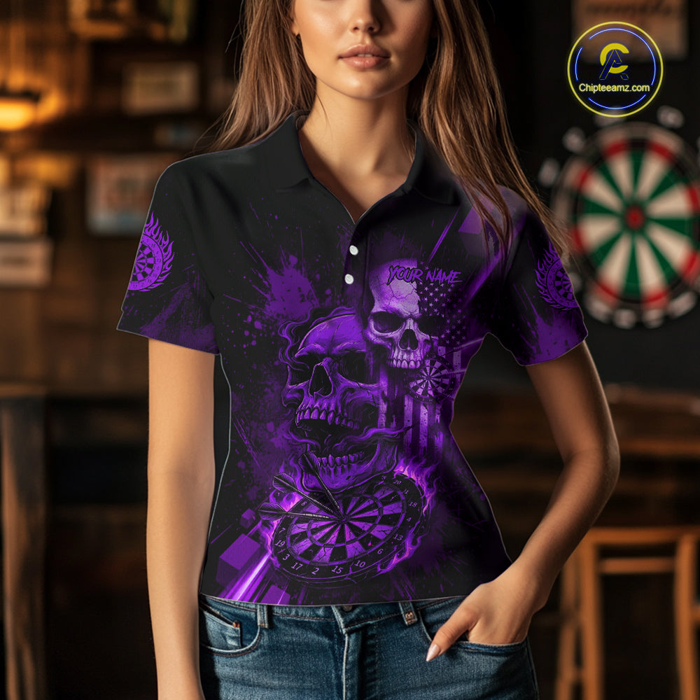 Custom Purple Smokes Grunge Skull Women Darts Polo Shirt US Flag Skull Dart League Jerseys NYN2124