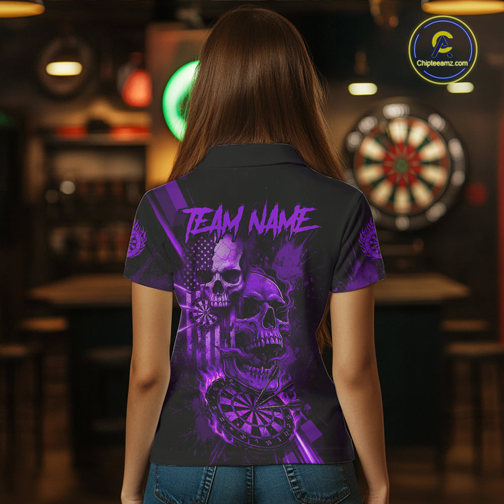 Custom Purple Smokes Grunge Skull Women Darts Polo Shirt US Flag Skull Dart League Jerseys NYN2124
