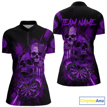 Custom Purple Smokes Grunge Skull Women Darts Quarter- Zip Shirt US Flag Skull Dart League Jerseys NYN2124