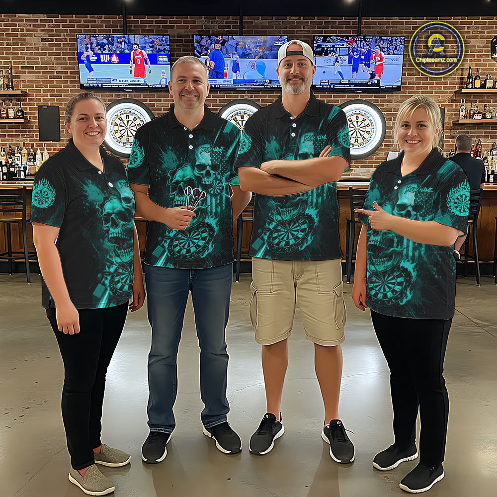 Custom Turquoise Smokes Grunge Skull Men Darts Polo Shirt US Flag Skull Dart League Jerseys NYN2125