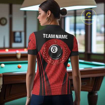 Red Tribal Ball Pool Women Billiard Polo & 1/4-Zip Attire Custom 8 Ball Billiard Team Shirt NYN2388