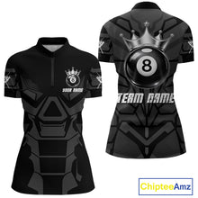 Load image into Gallery viewer, Black And Silver Crown 8 Ball Pool Shirts Custom Women Billiards Balls Polo &amp; Quarter-Zip Attire NYN2397