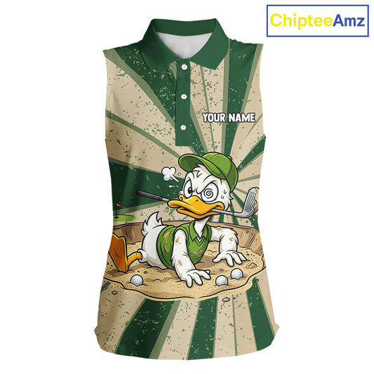 Womens Funny Duck Golf Shirts Grunge Green Beige Golf Clothing Custom Golf Team Sleeveless Polo, Golf Upf Shirts NYN2998
