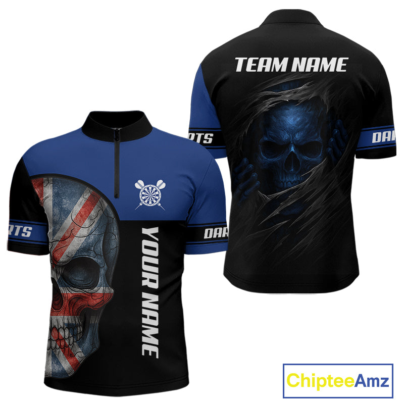 Blue Skeleton & Dartboard Custom Quarter-Zip Darts Shirt For Men - Darts Team Jersey NYN0701