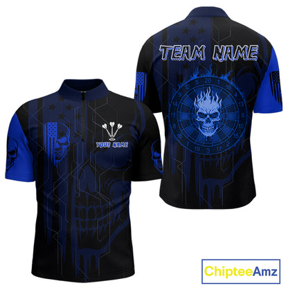 Custom Darts Team Quarter-Zip Shirt For Men Blue Flame Dartboard - Darts Jersey NYN0704