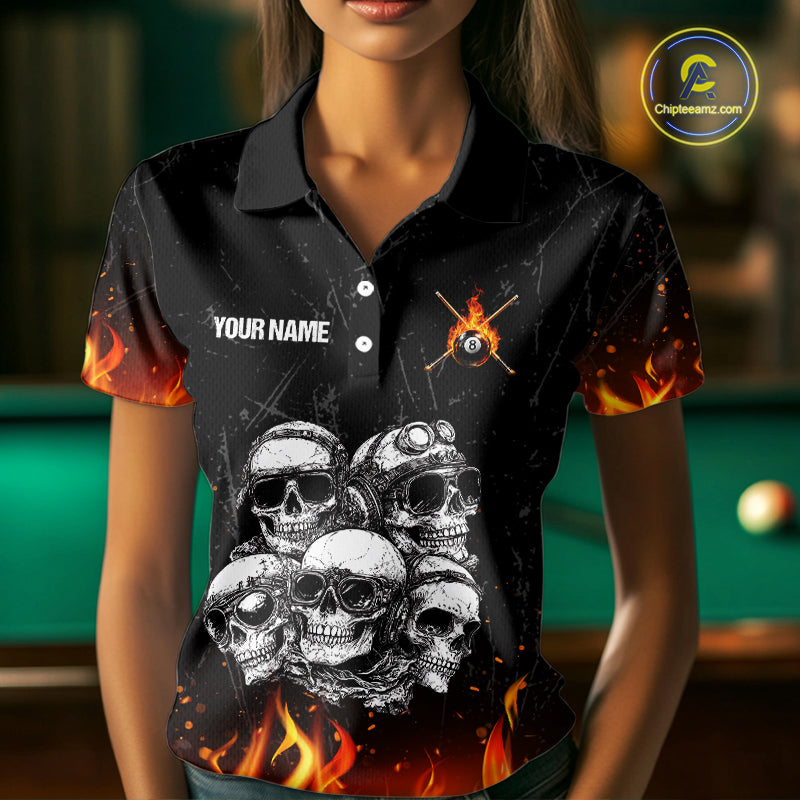 Funny Skulls Flame 8 Ball Women Billiard Team Shirts Custom Pool Ball Billiard Shirt Designs NYN2403