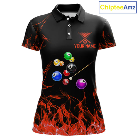 Red Flames Pool Balls Women Billiard Polo & 1/4-Zip Apparel Custom Billiard Team Shirt Designs NYN2405