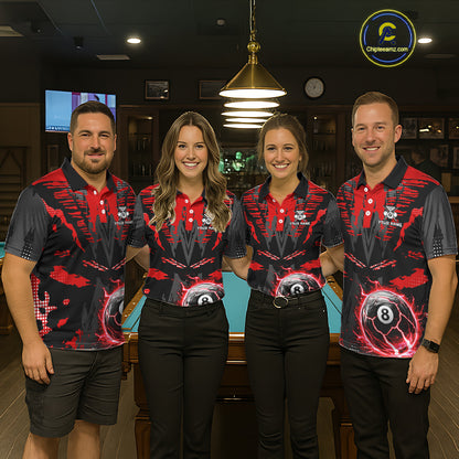 Black And Red Crack 8 Ball Pool Billiard Apparel For Women Custom Billiard Team Shirt Designs NYN2406