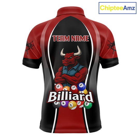 Red Funny Bull Pool Balls Men Billiard Polo & 1/4-Zip Apparel Custom Billiard Shirt Designs NYN2408